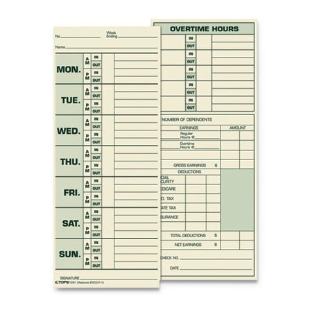 Tops Business Forms TOPS, Time Card For Pyramid Model 331-10, Weekly, Two-Sided, 3 1/2 X 8 1/2, 500PK 1291